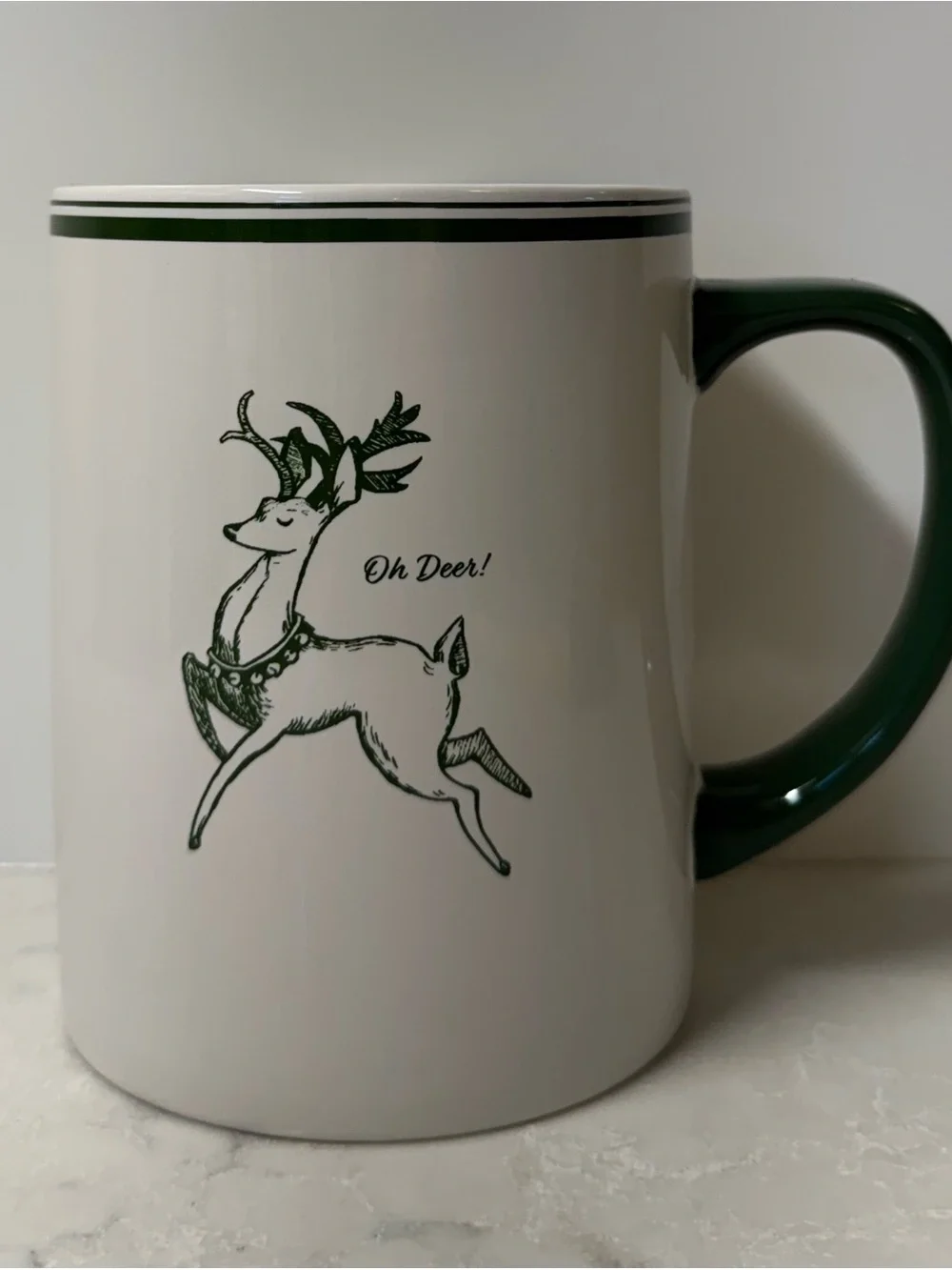 Sur La Table White Ceramic Mug with Dark Green Handle and Trim Christmas